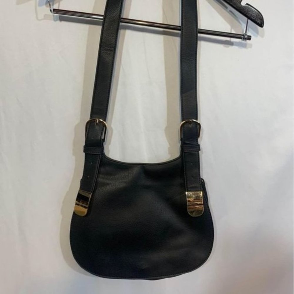BLACK saddle bag crossbody purse. Gold buckle. Paisley pattern inside. NWOT
